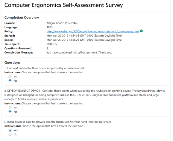 Screenshot of completion overview page. Shows when the assessment or questionnaire was taken, and the questions it contained, as well as your answers.