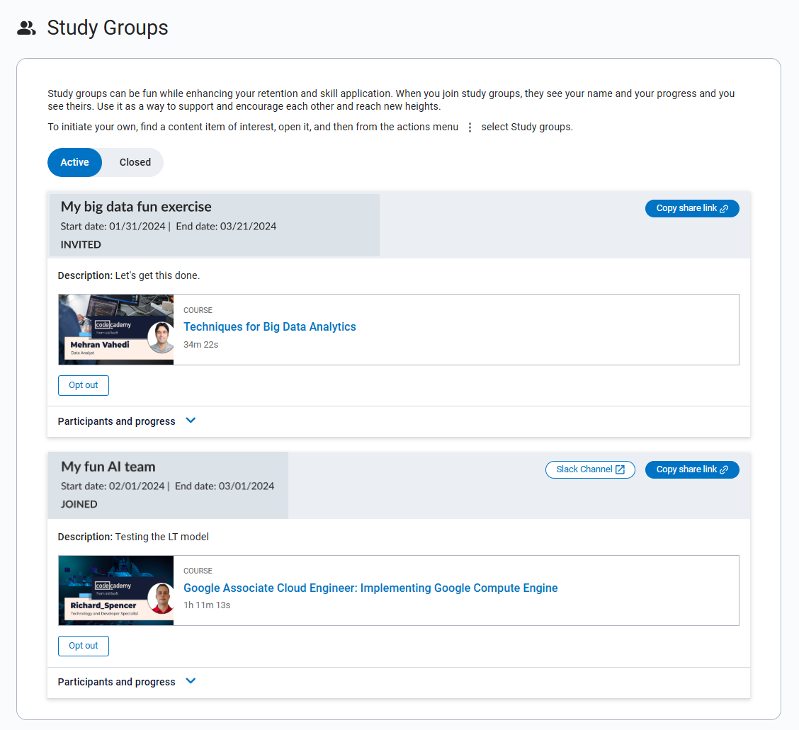 Screenshot of the learn together page with the active tab open. There is a invitation for the user to join or decline learning together for a course.