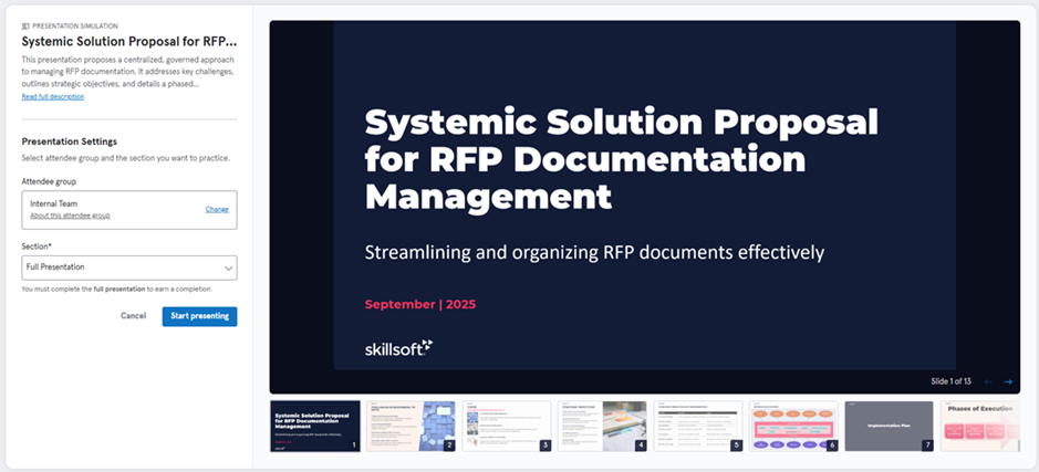 CAISY for Presentations launch screen showing thumbnails of slides in the presentation and options for changing attendee group and sections you present.