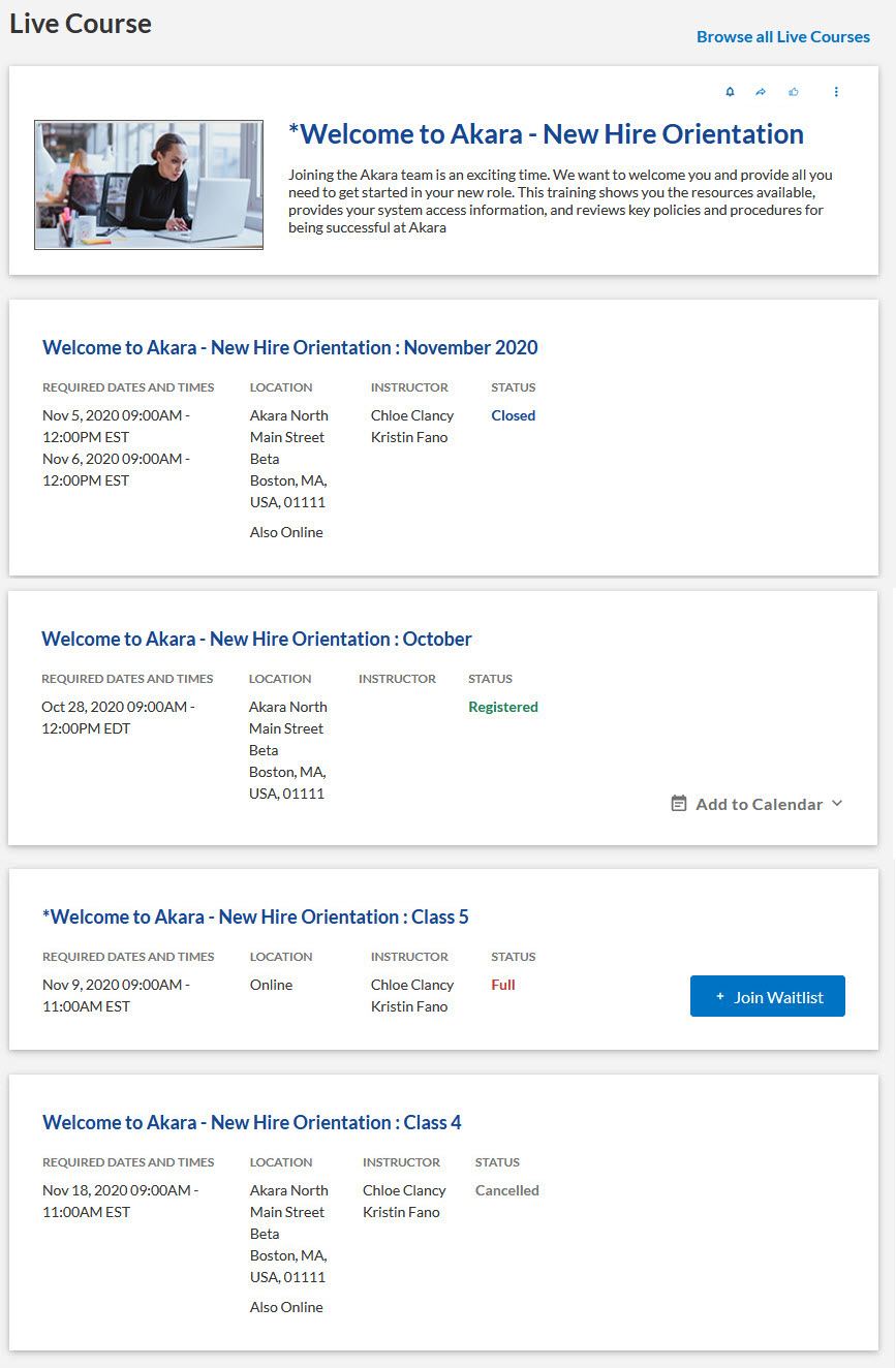 Live course registration page.