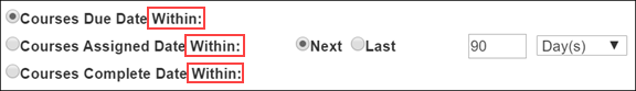 options for due date, assigned date, and complete date and within time selection