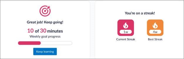 Screenshot of the learning goal section on the My Achievements page. Shows learning goal progress, a button to keep learning, and your current and best learning streaks.