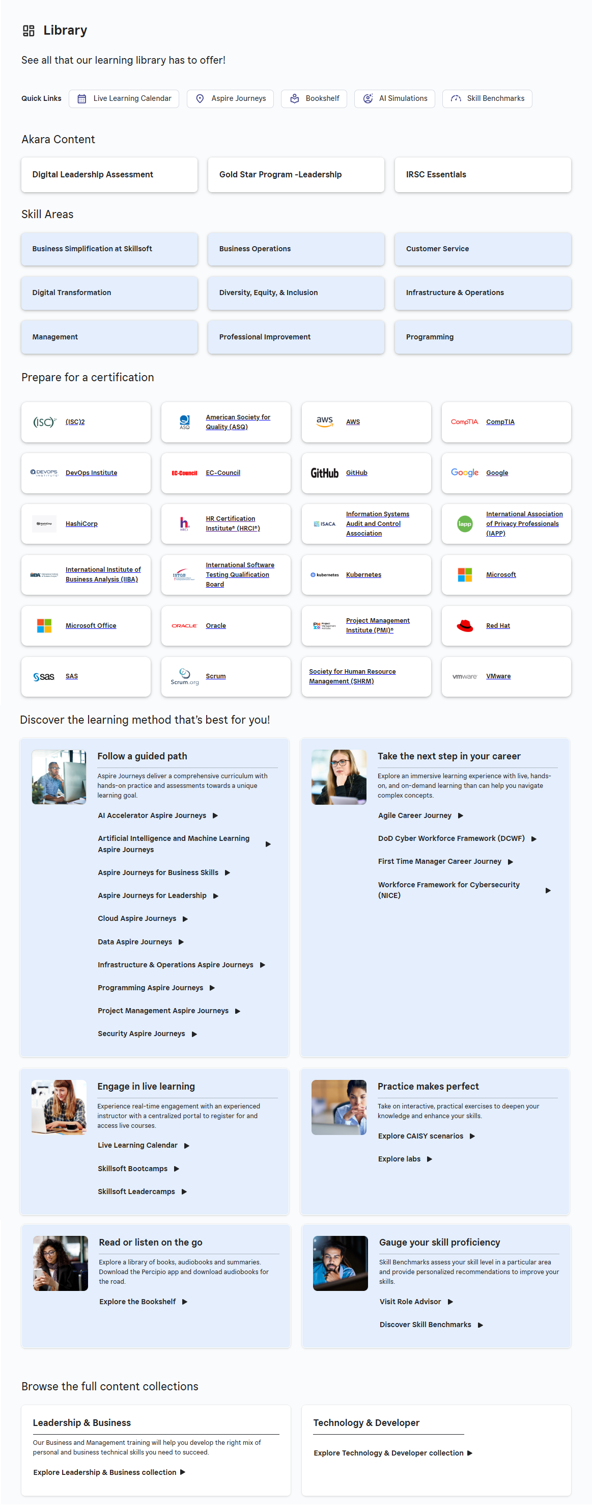 Current library page with the title and quick links under that, a section for custom areas, a section for Skillsoft areas, a section for certifications, and a section for specific content that is fully displayed.