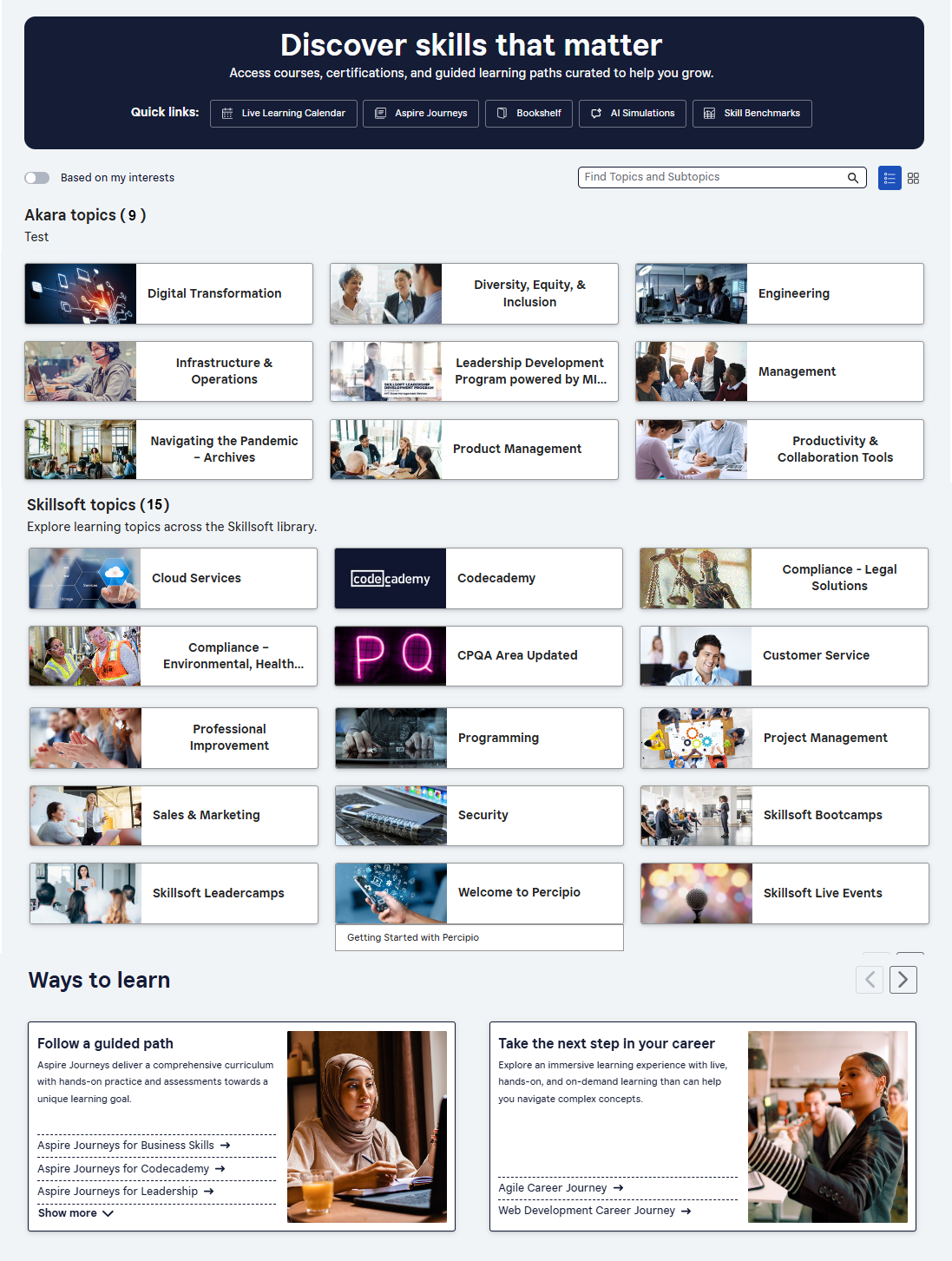 New library page with new banner and quick links in the banner, a setting to show topics based on your skill interests, a search box, a toggle to view graphics or just text, a section for your company's topics, a section for Skillsoft topics, and a Ways to Learn section that contains multiple boxes with links for different views of content. 