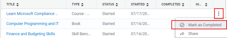 Screenshot of active assignments in My Learning. By selecting the actions menu next to a course, you have the option to mark as completed.