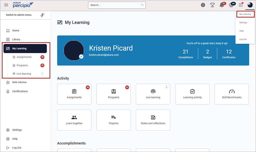 Screenshot of My Learning page. My Learning is highlighted in the open left navigation bar as well as in the profile dropdown.