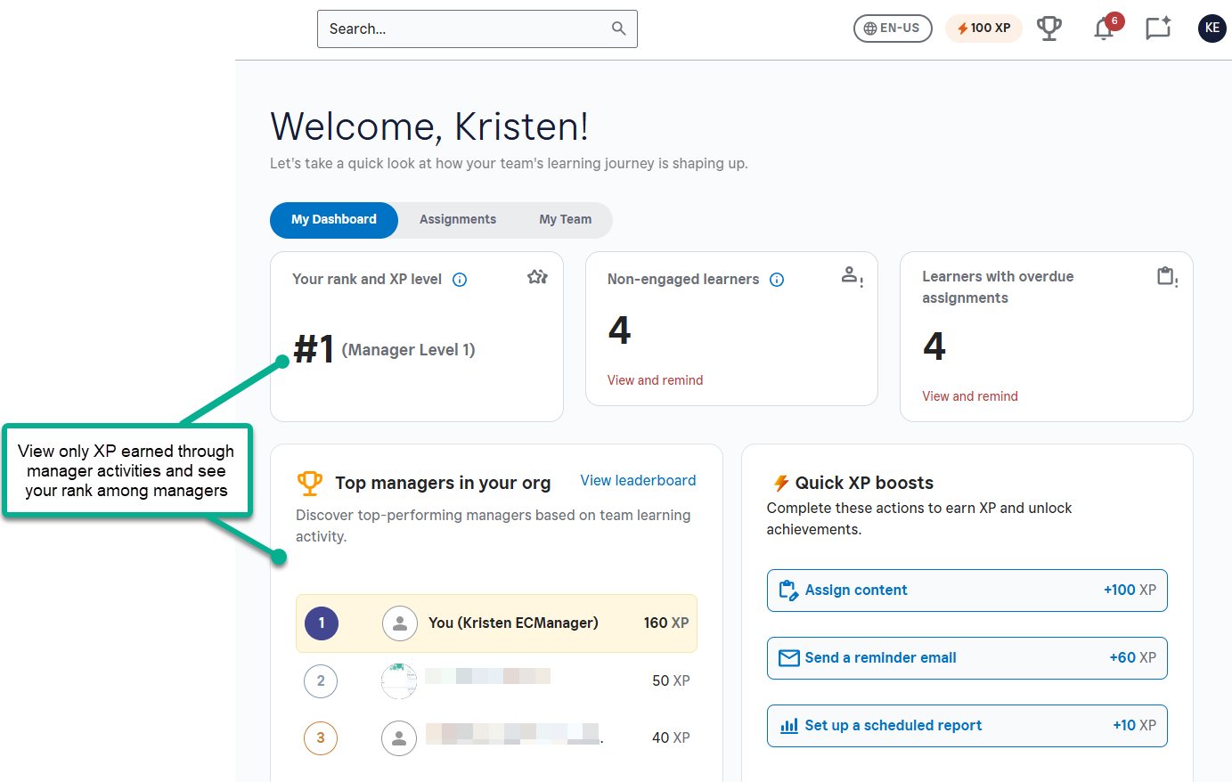 The two places on Manager Dashboard that show where the manager see their XP rank and value based on the amount of XP they earned doing manager activities.