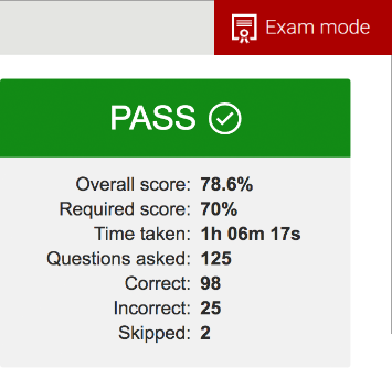 Final report page exam mode. Shows a result of pass.