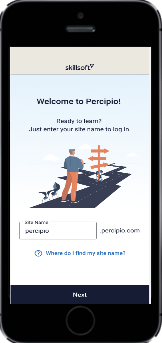 The mobile app home screen where you add your site name showing a link to find your site name.