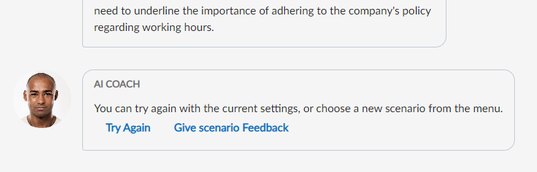 AI simulator message to "Try again" or "Give scenario feedback"