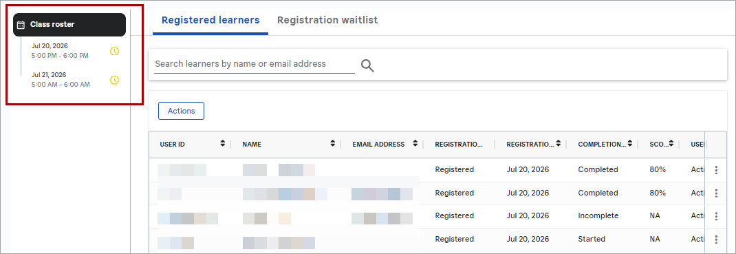The registered learners tab showing a list of all learners registered for the class and on the left the class name and underneath two sessions. 