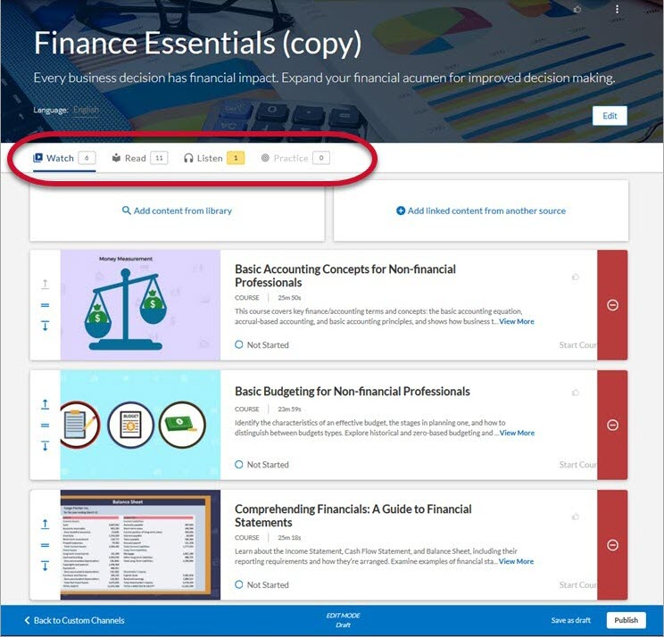 Channel page. The modalities bar is highlighted. The updated number of assests in a modality shows in yellow.