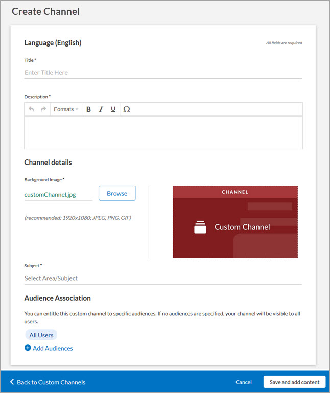 Create Channel page Create Channel page