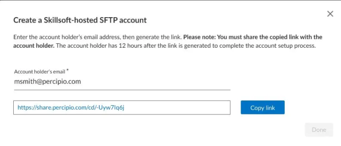 Create a SKillsoft-hosted SFTP account field with a copy link button next to the newly created link