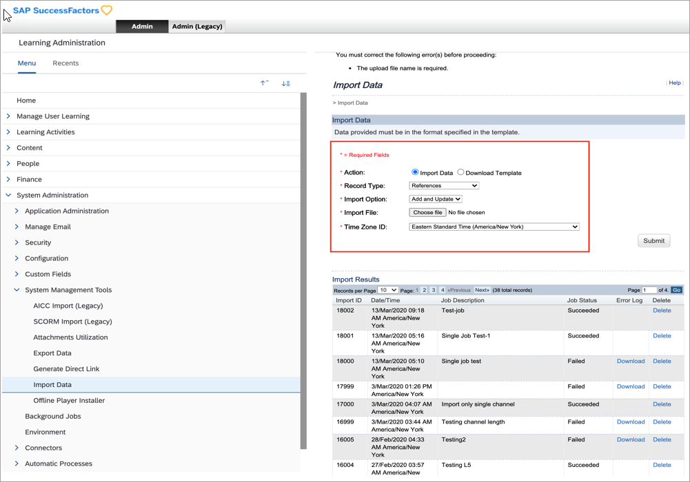 Import data page