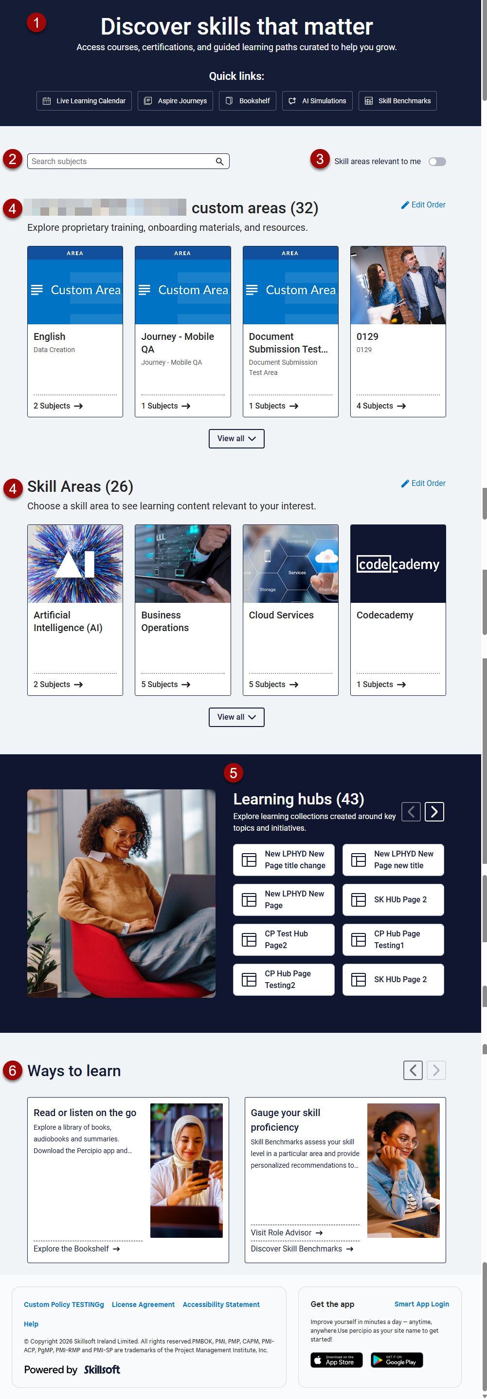 Screenshot of library. Shows skill areas, certifications, and alternate learning methods.