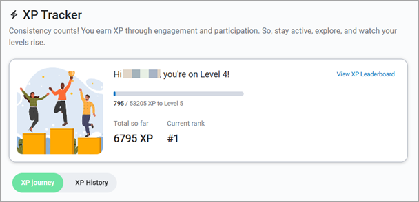 Top half of the XP Tracker page entitled XP Tracker. It shows your name, your level, and your rank with a link to the XP leaderboard.