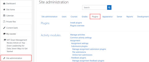 Plugins tab on site administration page