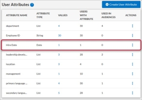 User attributes page. Values is one of the columns