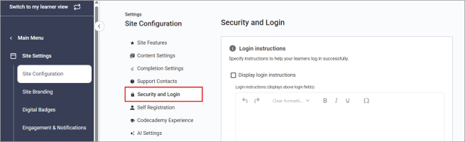 Site configuration page. Button in the page's left navigation for Security and Login