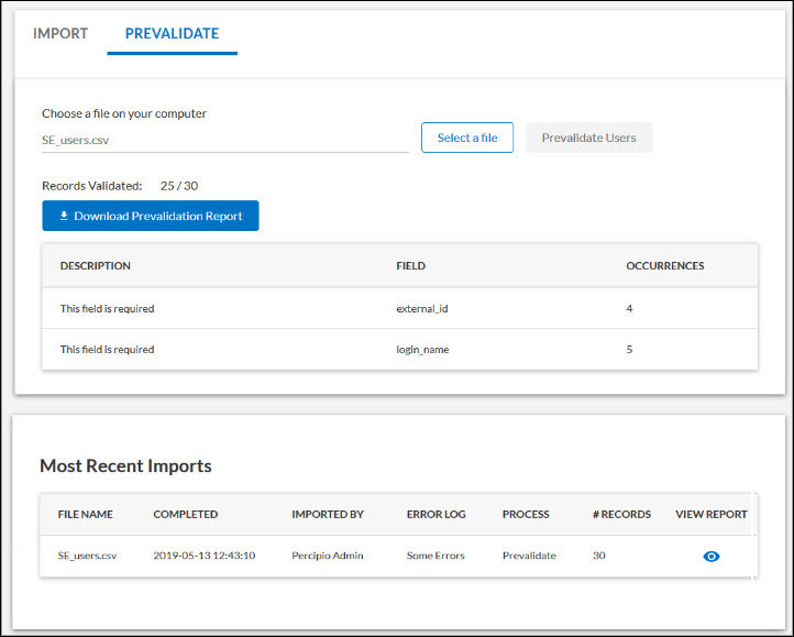 prevalidate tab on user management page