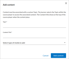 Add content popup. Fields for topic, content title and type of media.