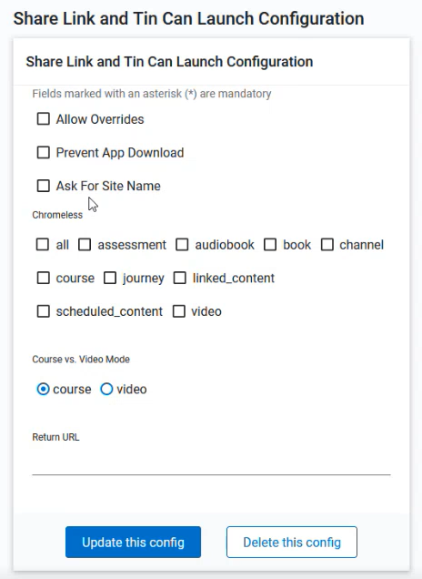 Share link and tin can launch configuration page