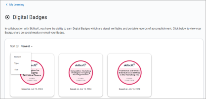 "Sort by" dropdown on the Digital Badges page
