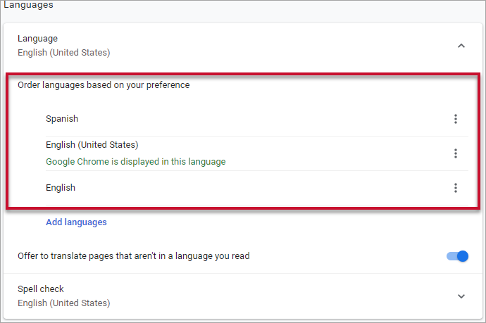 Screenshot of Chrome language settings. Spanish appears as the first language on the list and english as the second. English is the selected language that Chrome displays in.