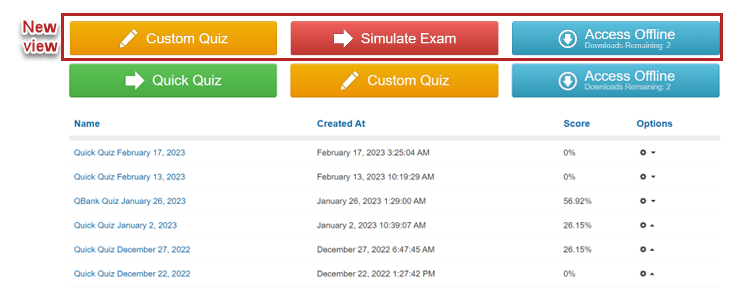 Cybervista page. Buttons for Custom quiz, simulate exam and access offfline.