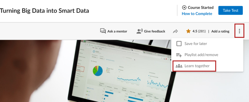 Screenshot of an open content item. The actions dropdown is open, showing the learn together option.