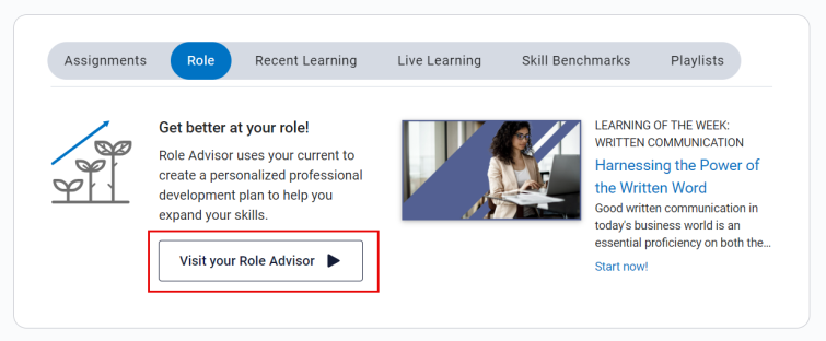 Visit your Role Advisor button located in role tab in the top section of the Percipio home page.