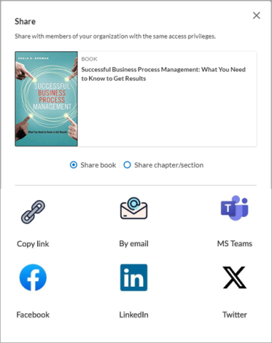 Screenshot of the share pop-up when you choose to share a book from the book player. Options to share book or share a chapter/section.