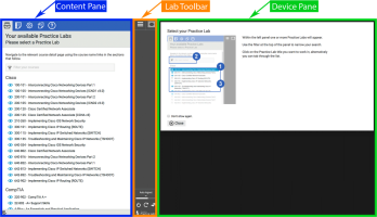 Screenshot with the three windows: contnet pane, lab toolbar, and device pane