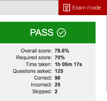 Final report page exam mode. Shows a result of pass.