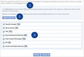 Learn mode page in Test prep with different features numbered.