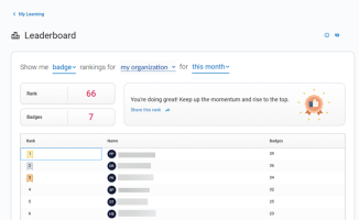 Screenshot of the leaderboard page page. It shows badge rankings for my organization for this month.