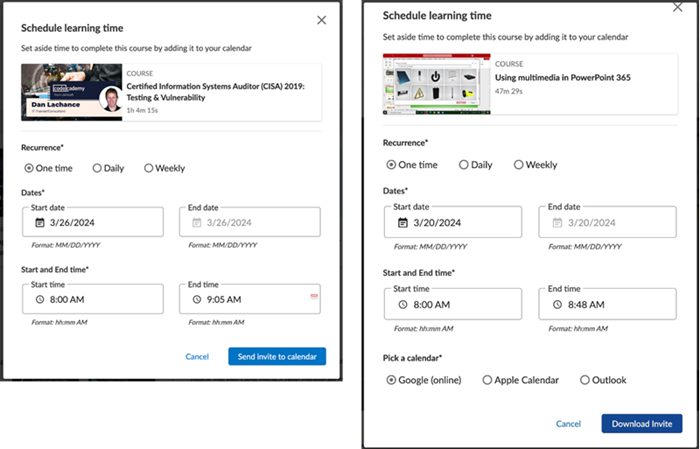 Example of schedule learning time pop-up