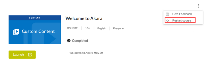 Screenshot of course card. The Actions menu dropdown is open, and restart course is one of the options in the dropdown.