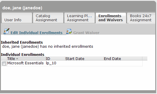 Enrollments and Waivers tab for an individual user