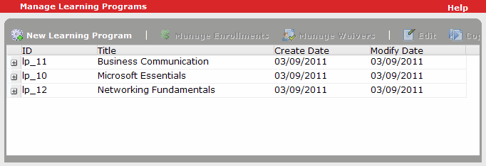 Manage Learning Programs page showing a list of learning programs