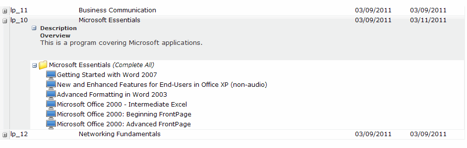 Manage Learning Programs page showing the detaisl of a learning program