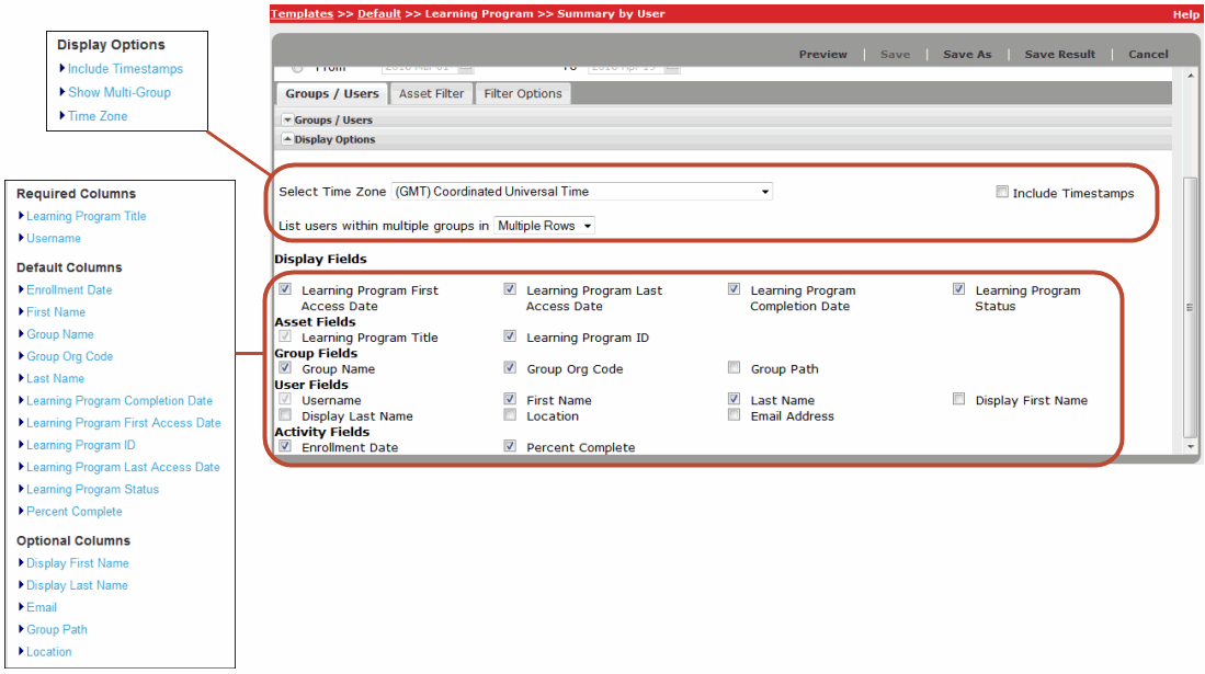 list of display options in a report definition topic and correspondng controls in the user interface