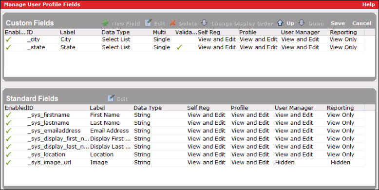 Manage User Profile Fields page