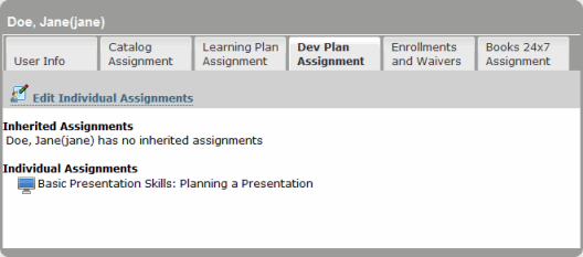 Development Plan Assignment tab on the User Management page