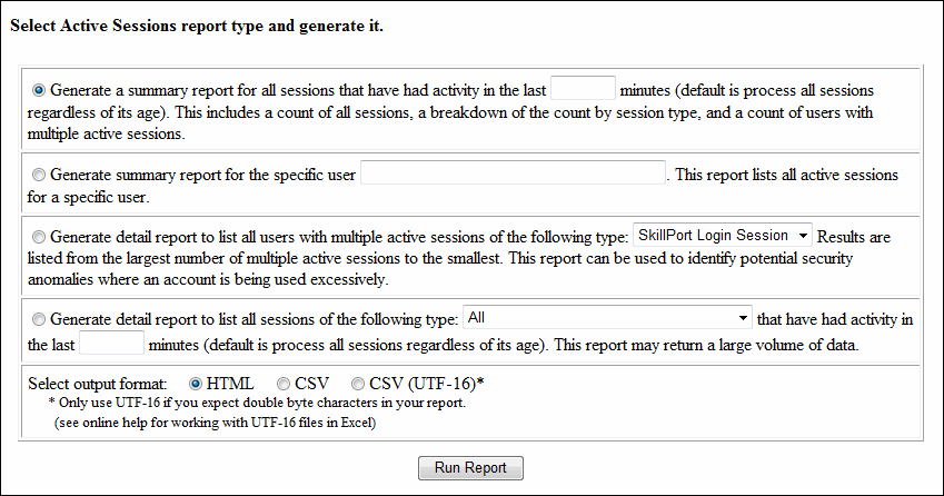 Run Active Sessions Report window