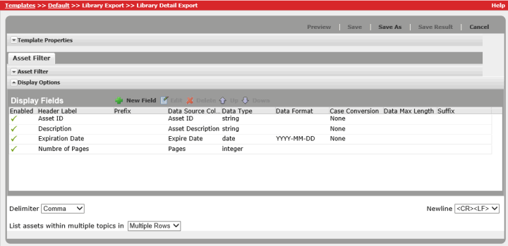 Library Detail Export Display Fields