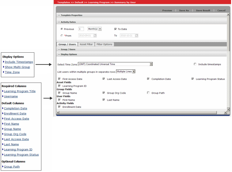 list of display options in a report definition topic and correspondng controls in the user interface