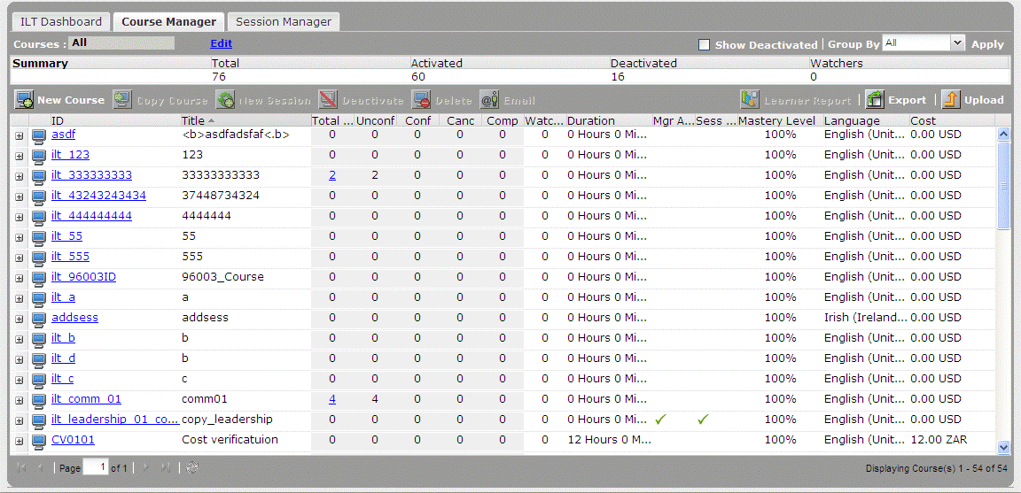 Course Manager screen