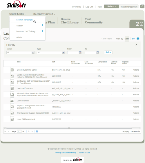 Learner Transcripts in Skillport 8